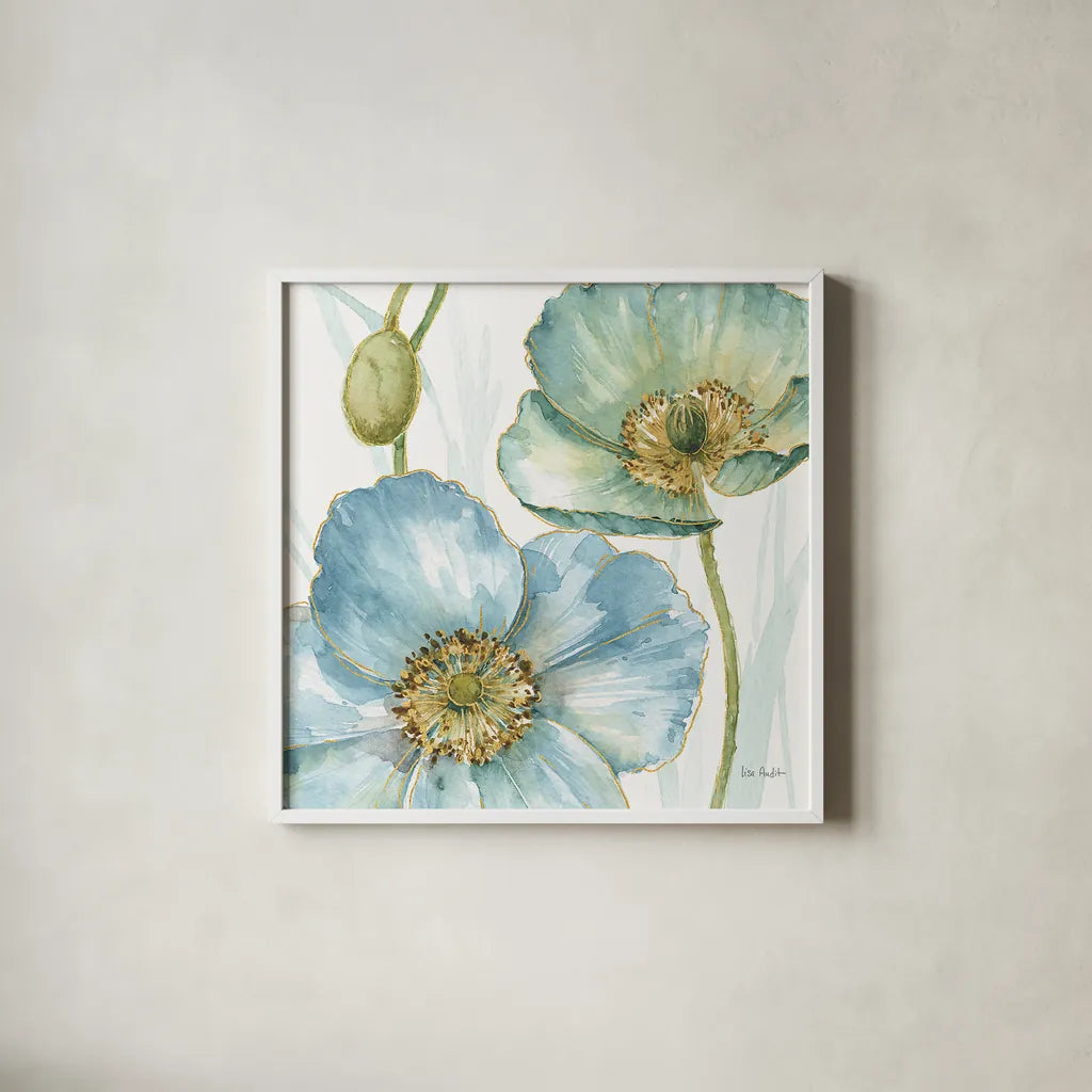 My Greenhouse Flowers II by Lisa Audit. Shown in a crisp white glass frame for a clean and minimalist style. Available as an archival giclee rolled canvas, fine art paper, or poster print. SKU 20392a.