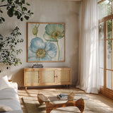 My Greenhouse Flowers II by Lisa Audit. Shown in a natural wood frame in a cozy modern living room. Available as an archival giclee rolled canvas, fine art paper, or poster print. SKU 20392a.