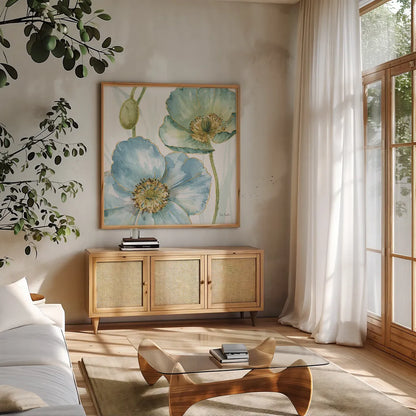 My Greenhouse Flowers II by Lisa Audit. Shown in a natural wood frame in a cozy modern living room. Available as an archival giclee rolled canvas, fine art paper, or poster print. SKU 20392a.