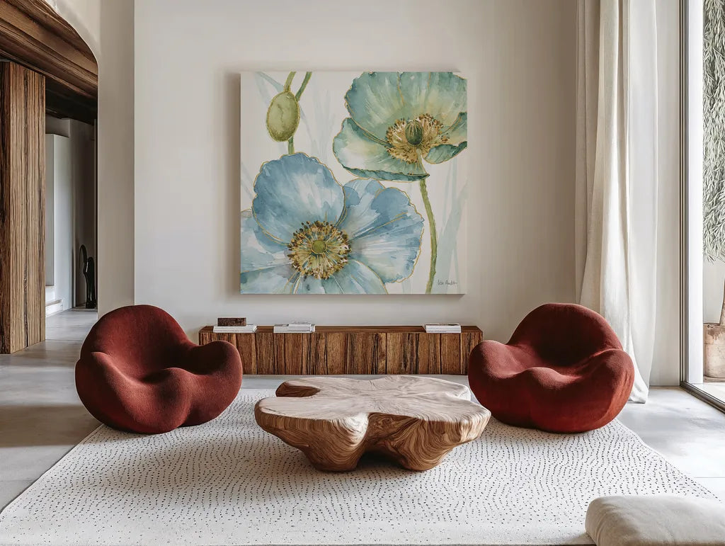 My Greenhouse Flowers II by Lisa Audit. Shown as extra-large giant wall art in a modern living room. Available as an archival giclee rolled canvas, fine art paper, or poster print. SKU 20392a.
