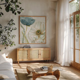 My Greenhouse Flowers III by Lisa Audit. Shown in a natural wood frame in a cozy modern living room. Available as an archival giclee rolled canvas, fine art paper, or poster print. SKU 20393a.