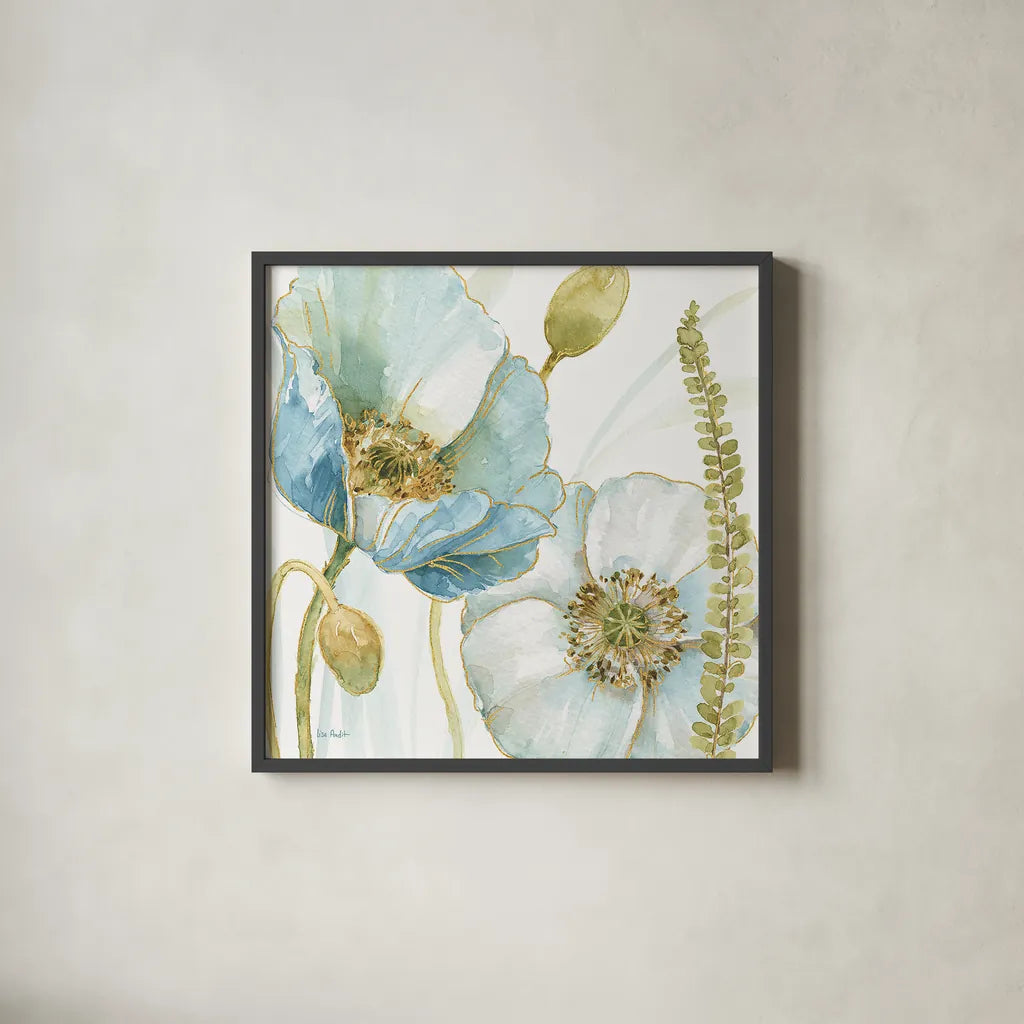 My Greenhouse Flowers IV by Lisa Audit. Shown in a sleek black glass frame for a contemporary gallery look. Available as an archival giclee rolled canvas, fine art paper, or poster print. SKU 20394a.