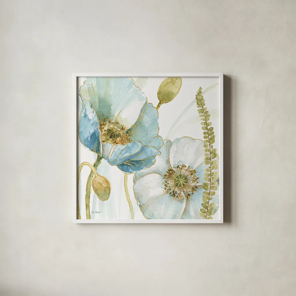 My Greenhouse Flowers IV by Lisa Audit. Shown in a crisp white glass frame for a clean and minimalist style. Available as an archival giclee rolled canvas, fine art paper, or poster print. SKU 20394a.