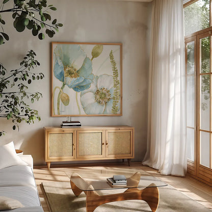 My Greenhouse Flowers IV by Lisa Audit. Shown in a natural wood frame in a cozy modern living room. Available as an archival giclee rolled canvas, fine art paper, or poster print. SKU 20394a.