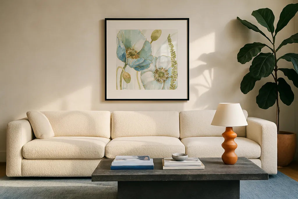 My Greenhouse Flowers IV by Lisa Audit. Displayed in a glass frame with matte in a clean modern living room. Available as an archival giclee rolled canvas, fine art paper, or poster print. SKU 20394a.