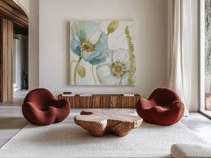 My Greenhouse Flowers IV by Lisa Audit. Shown as extra-large giant wall art in a modern living room. Available as an archival giclee rolled canvas, fine art paper, or poster print. SKU 20394a.