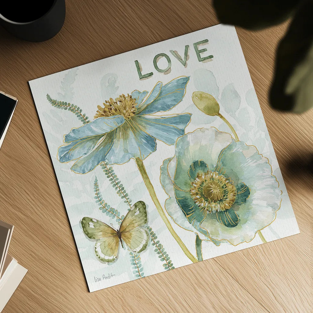 My Greenhouse Flowers Love by Lisa Audit. Shown as a detailed flat fine art print, highlighting archival giclee quality. Available as an archival giclee rolled canvas, fine art paper, or poster print. SKU 20951a.