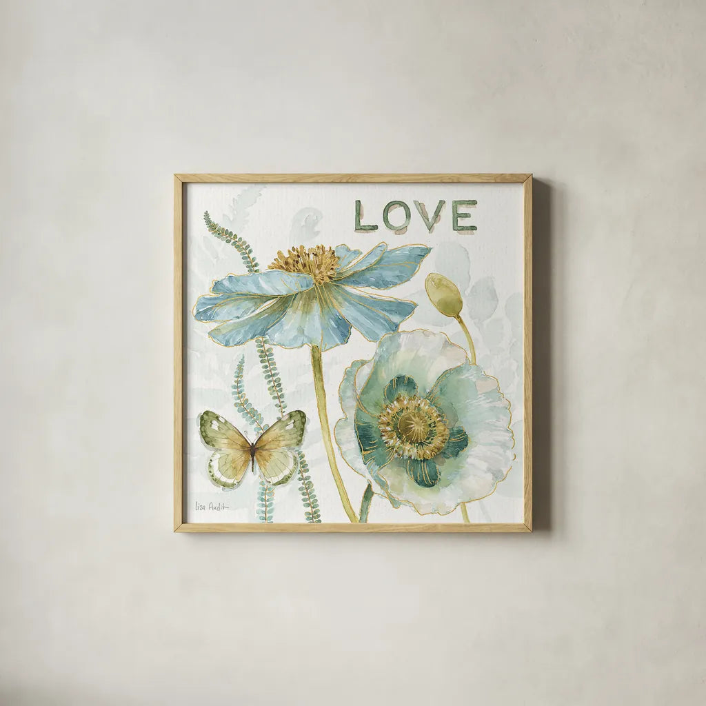 My Greenhouse Flowers Love by Lisa Audit. Shown in a natural wood glass frame for a timeless modern aesthetic. Available as an archival giclee rolled canvas, fine art paper, or poster print. SKU 20951a.