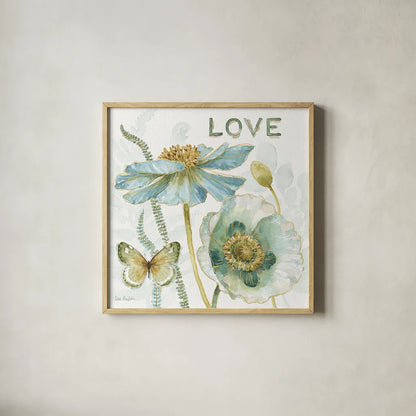 My Greenhouse Flowers Love by Lisa Audit. Shown in a natural wood glass frame for a timeless modern aesthetic. Available as an archival giclee rolled canvas, fine art paper, or poster print. SKU 20951a.
