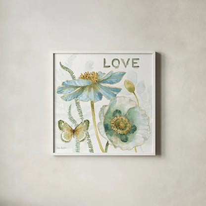 My Greenhouse Flowers Love by Lisa Audit. Shown in a crisp white glass frame for a clean and minimalist style. Available as an archival giclee rolled canvas, fine art paper, or poster print. SKU 20951a.