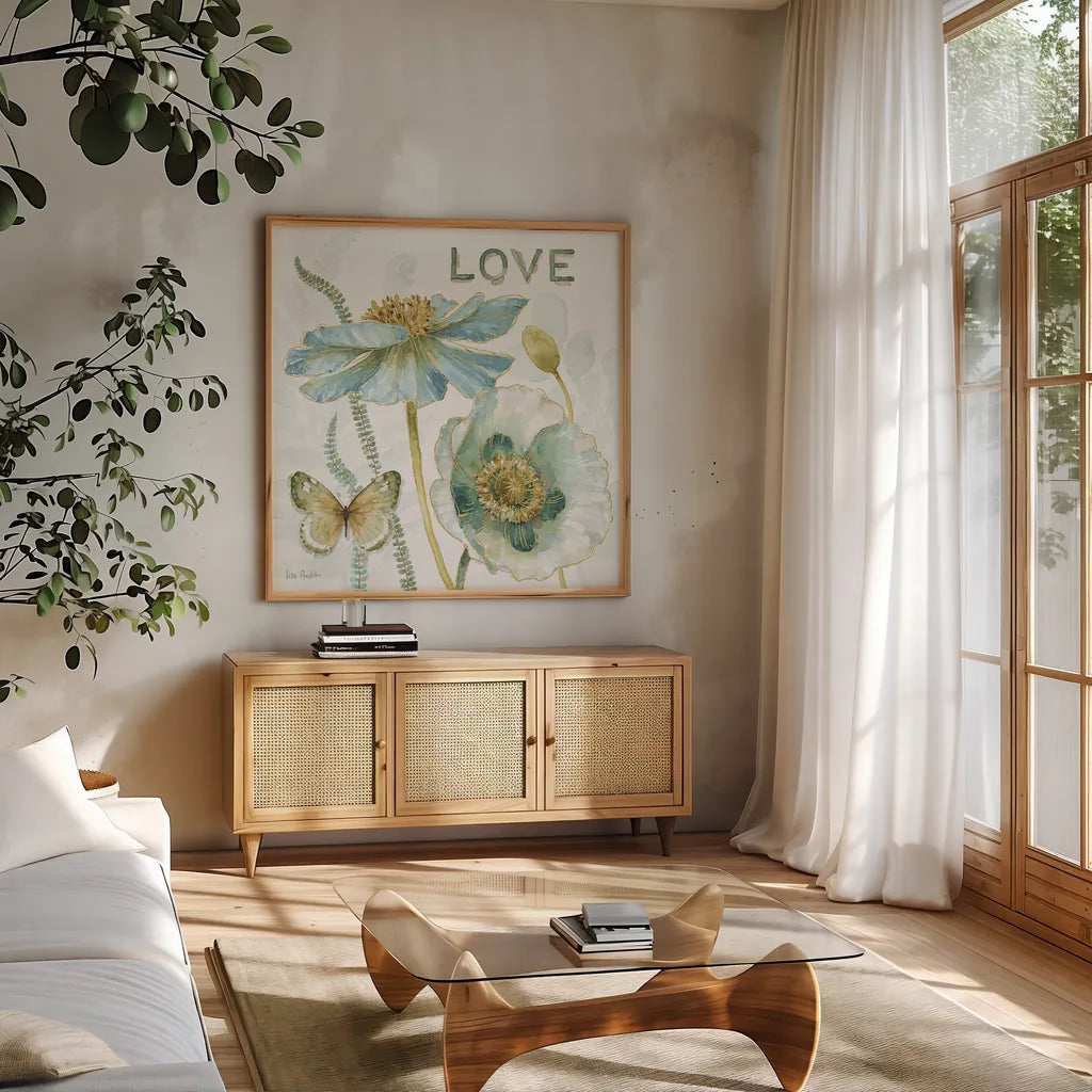 My Greenhouse Flowers Love by Lisa Audit. Shown in a natural wood frame in a cozy modern living room. Available as an archival giclee rolled canvas, fine art paper, or poster print. SKU 20951a.