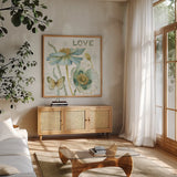 My Greenhouse Flowers Love by Lisa Audit. Shown in a natural wood frame in a cozy modern living room. Available as an archival giclee rolled canvas, fine art paper, or poster print. SKU 20951a.