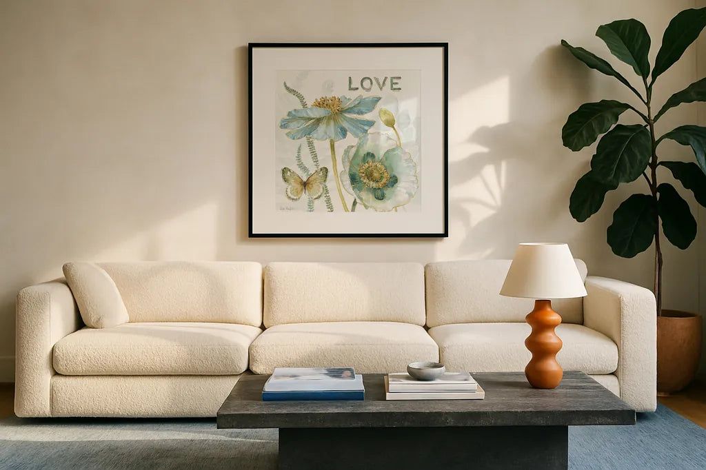 My Greenhouse Flowers Love by Lisa Audit. Displayed in a glass frame with matte in a clean modern living room. Available as an archival giclee rolled canvas, fine art paper, or poster print. SKU 20951a.