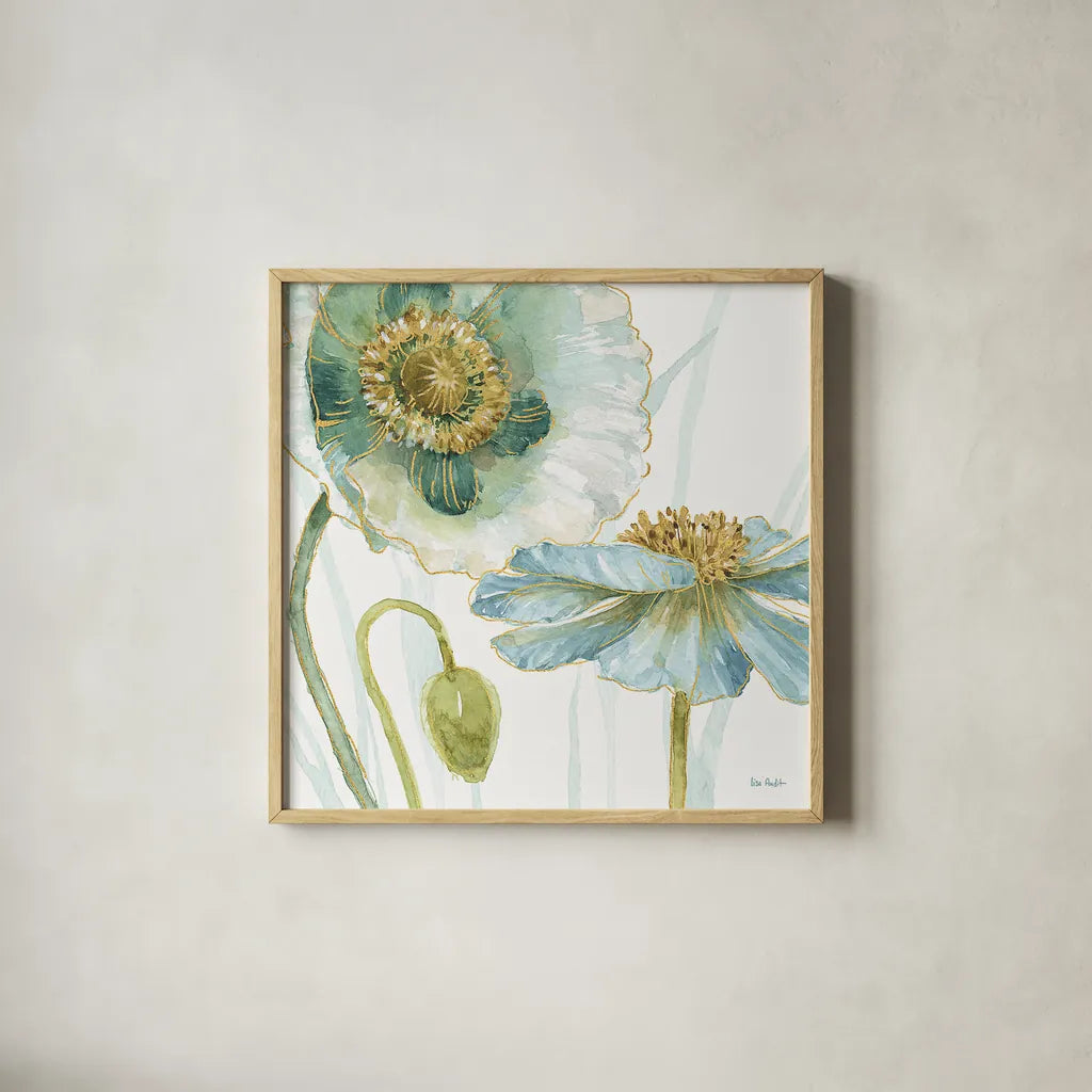 My Greenhouse Flowers V by Lisa Audit. Shown in a natural wood glass frame for a timeless modern aesthetic. Available as an archival giclee rolled canvas, fine art paper, or poster print. SKU 20395a.