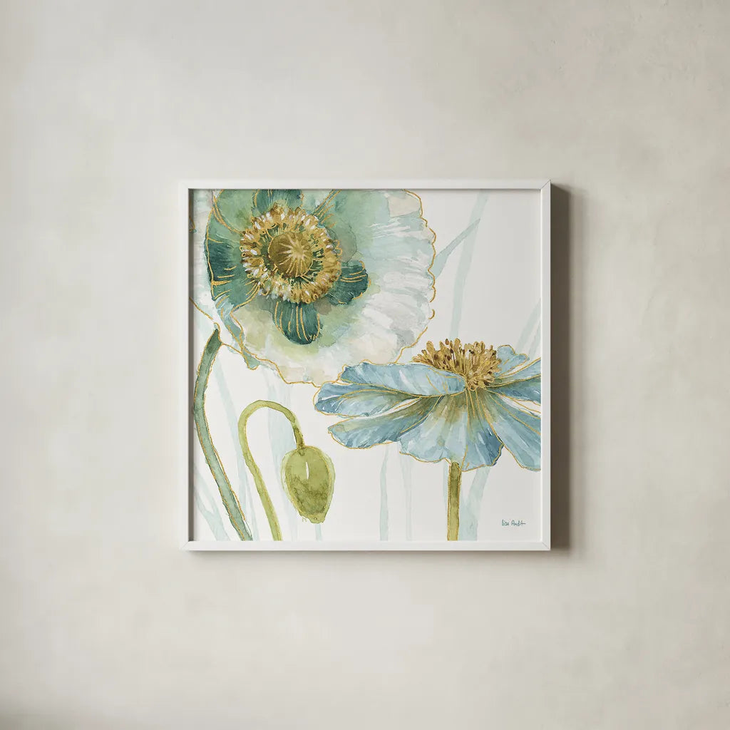 My Greenhouse Flowers V by Lisa Audit. Shown in a crisp white glass frame for a clean and minimalist style. Available as an archival giclee rolled canvas, fine art paper, or poster print. SKU 20395a.