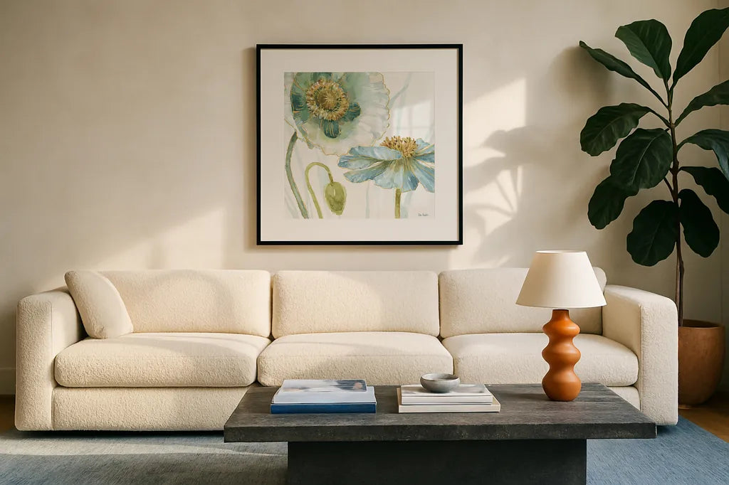 My Greenhouse Flowers V by Lisa Audit. Displayed in a glass frame with matte in a clean modern living room. Available as an archival giclee rolled canvas, fine art paper, or poster print. SKU 20395a.