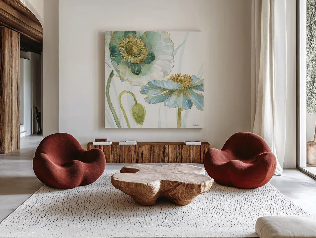 My Greenhouse Flowers V by Lisa Audit. Shown as extra-large giant wall art in a modern living room. Available as an archival giclee rolled canvas, fine art paper, or poster print. SKU 20395a.