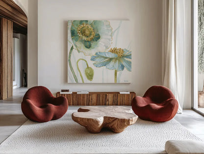 My Greenhouse Flowers V by Lisa Audit. Shown as extra-large giant wall art in a modern living room. Available as an archival giclee rolled canvas, fine art paper, or poster print. SKU 20395a.