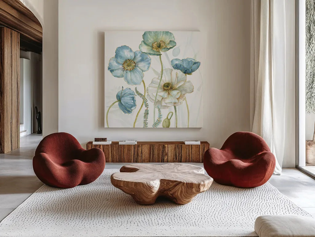 My Greenhouse Flowers VI Crop by Lisa Audit. Shown as extra-large giant wall art in a modern living room. Available as an archival giclee rolled canvas, fine art paper, or poster print. SKU 20396a.
