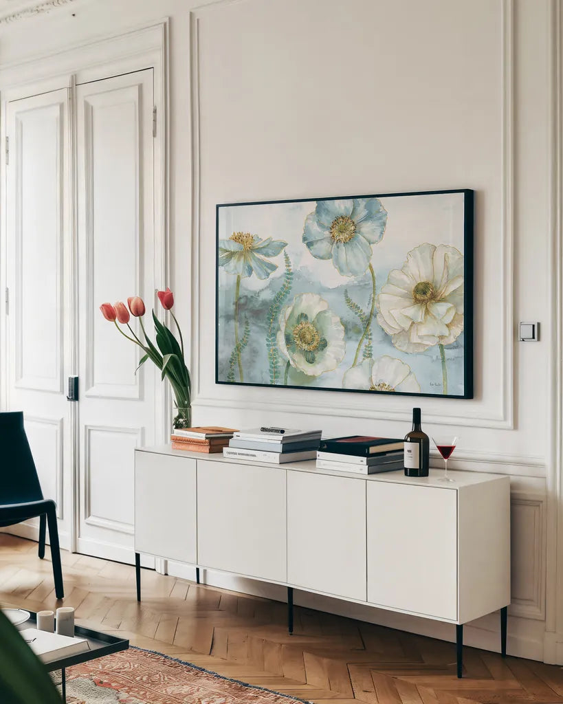 My Greenhouse Flowers X by Lisa Audit. shown as a framed stretched canvas in a living room above a console. Available as a archival giclee rolled canvas, fine art paper, or poster print. SKU 24859i.
