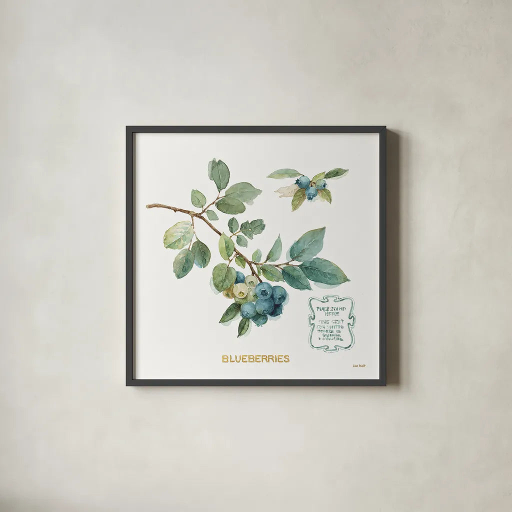 My Greenhouse Fruit II by Lisa Audit. Shown in a sleek black glass frame for a contemporary gallery look. Available as an archival giclee rolled canvas, fine art paper, or poster print. SKU 22223a.