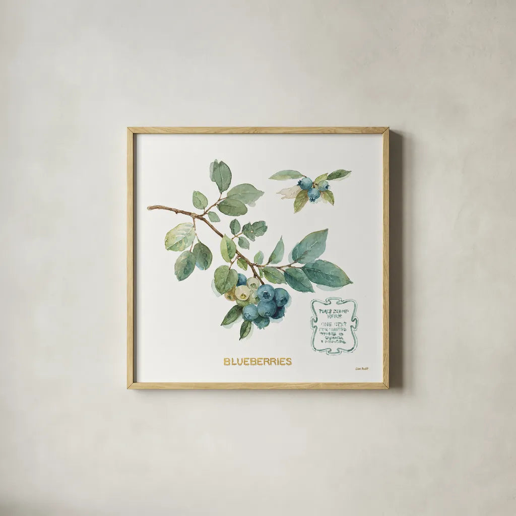 My Greenhouse Fruit II by Lisa Audit. Shown in a natural wood glass frame for a timeless modern aesthetic. Available as an archival giclee rolled canvas, fine art paper, or poster print. SKU 22223a.