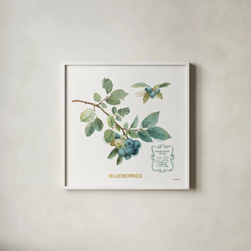 My Greenhouse Fruit II by Lisa Audit. Shown in a crisp white glass frame for a clean and minimalist style. Available as an archival giclee rolled canvas, fine art paper, or poster print. SKU 22223a.