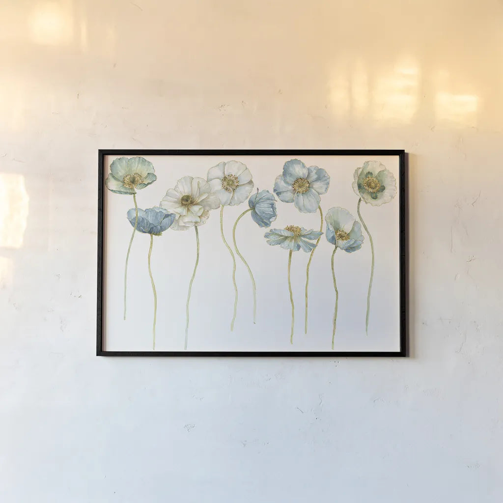 My Greenhouse Poppies Silhouettes by Lisa Audit. shown as a paper print in a black flame. Available as a archival giclee rolled canvas, fine art paper, or poster print. SKU 28550i.