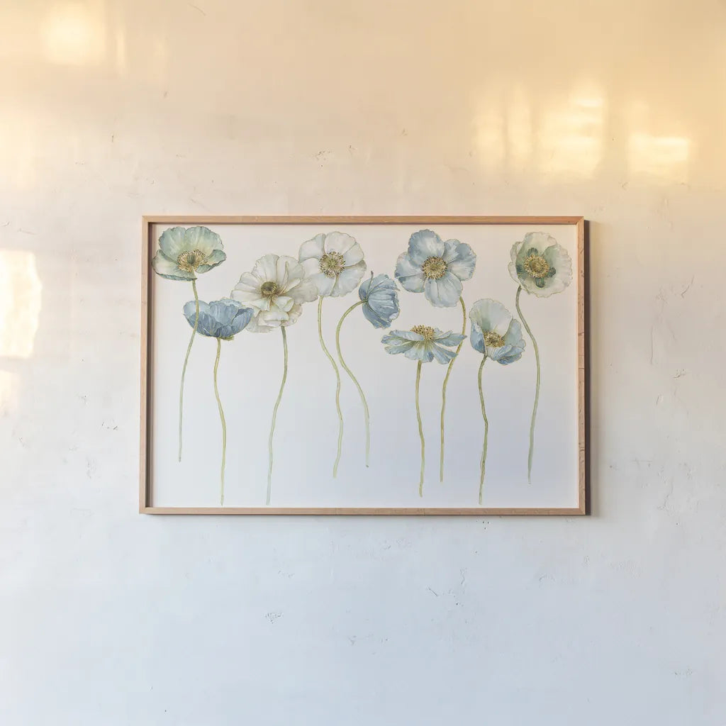 My Greenhouse Poppies Silhouettes by Lisa Audit. shown as a paper print in a natural frame. Available as a archival giclee rolled canvas, fine art paper, or poster print. SKU 28550i.