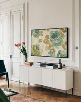 My Greenhouse Roses I on Wood Cream by Lisa Audit. shown as a framed stretched canvas in a living room above a console. Available as a archival giclee rolled canvas, fine art paper, or poster print. SKU 20778i.