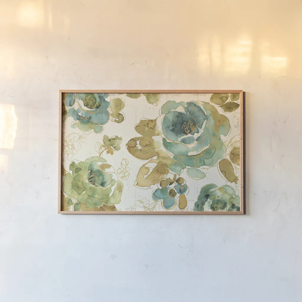 My Greenhouse Roses I on Wood Cream by Lisa Audit. shown as a paper print in a natural frame. Available as a archival giclee rolled canvas, fine art paper, or poster print. SKU 20778i.