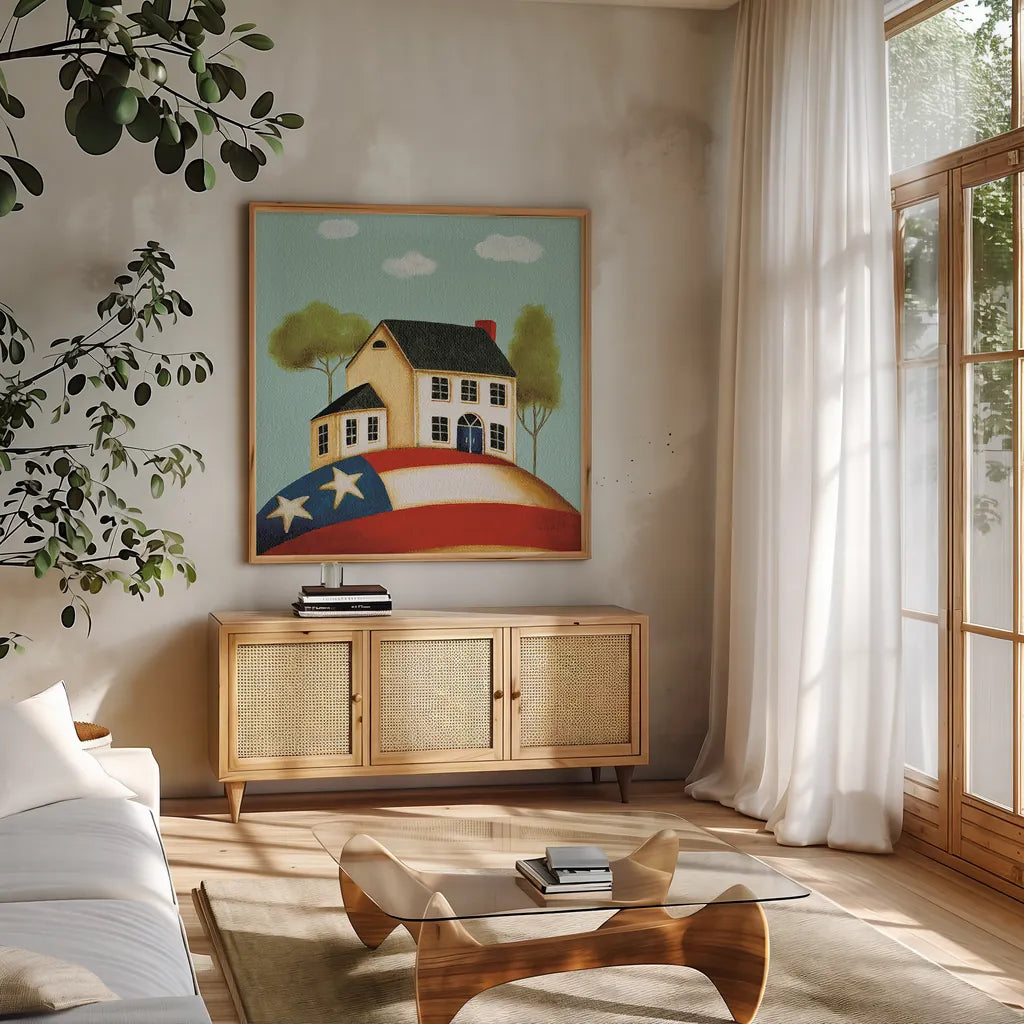 My Home I by Lisa Audit. Shown in a natural wood frame in a cozy modern living room. Available as an archival giclee rolled canvas, fine art paper, or poster print. SKU 69595a.