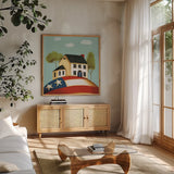 My Home I by Lisa Audit. Shown in a natural wood frame in a cozy modern living room. Available as an archival giclee rolled canvas, fine art paper, or poster print. SKU 69595a.