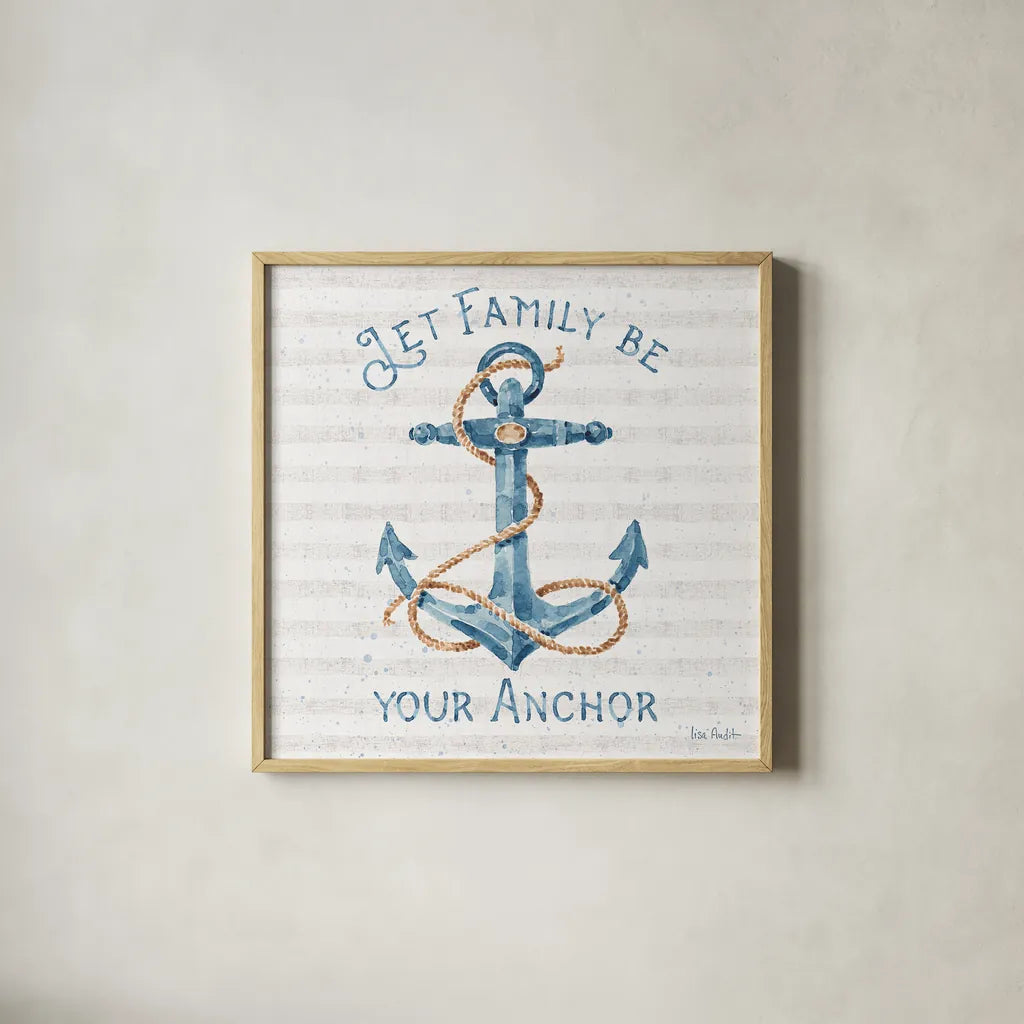 Nautical Life IV by Lisa Audit. Shown in a natural wood glass frame for a timeless modern aesthetic. Available as an archival giclee rolled canvas, fine art paper, or poster print. SKU 46519a.