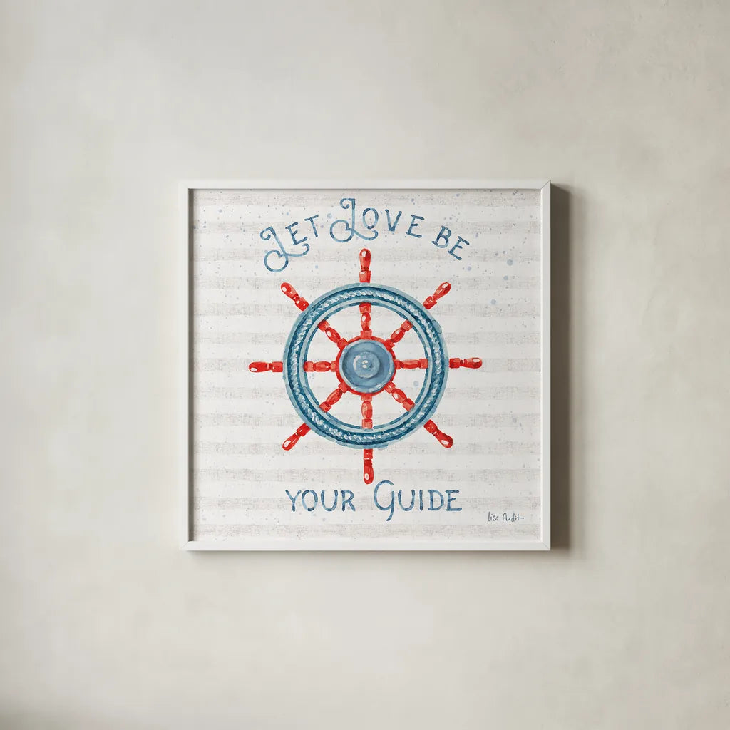 Nautical Life V by Lisa Audit. Shown in a crisp white glass frame for a clean and minimalist style. Available as an archival giclee rolled canvas, fine art paper, or poster print. SKU 46520a.