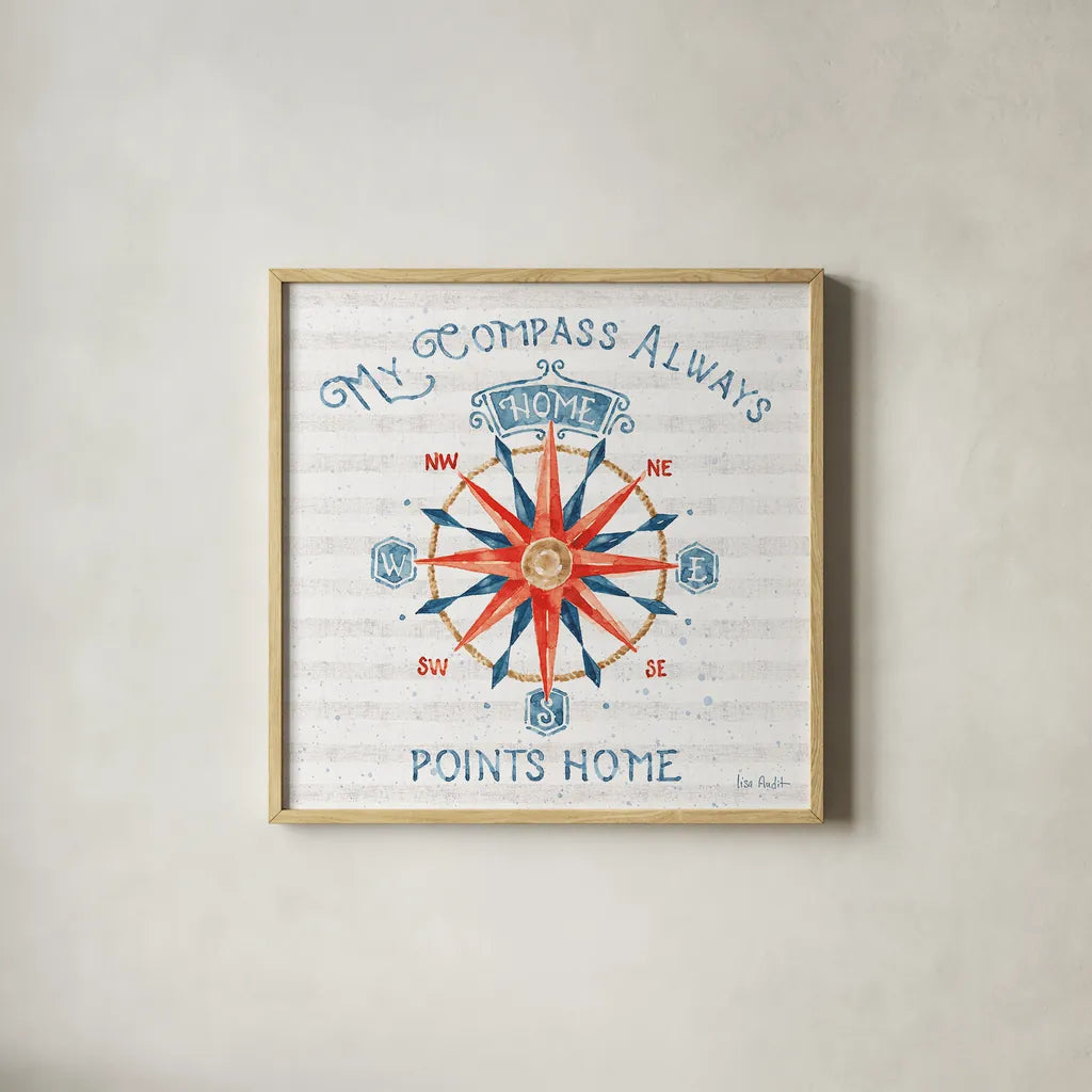 Nautical Life VII by Lisa Audit. Shown in a natural wood glass frame for a timeless modern aesthetic. Available as an archival giclee rolled canvas, fine art paper, or poster print. SKU 46522a.