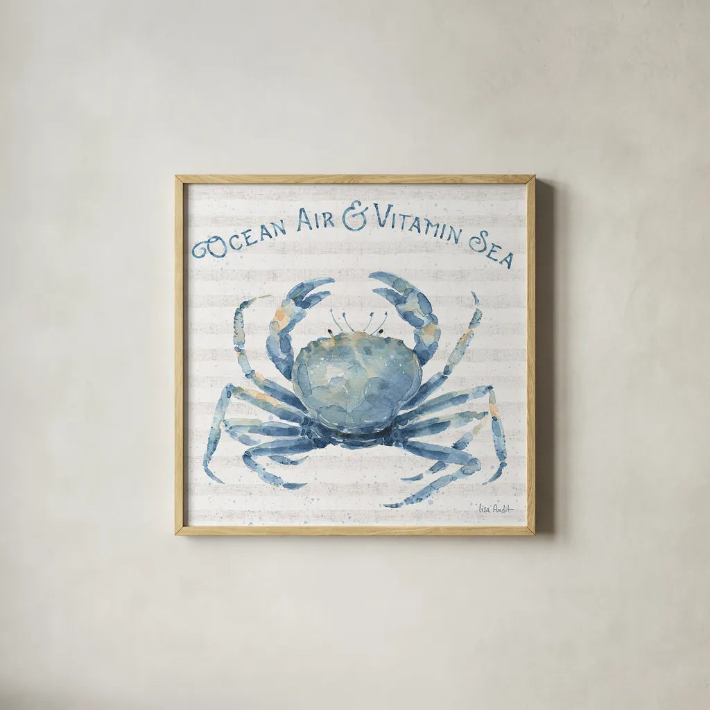 Nautical Life X by Lisa Audit. Shown in a natural wood glass frame for a timeless modern aesthetic. Available as an archival giclee rolled canvas, fine art paper, or poster print. SKU 46525a.