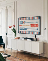 Nautical Life XI by Lisa Audit. shown as a framed stretched canvas in a living room above a console. Available as a archival giclee rolled canvas, fine art paper, or poster print. SKU 46526i.