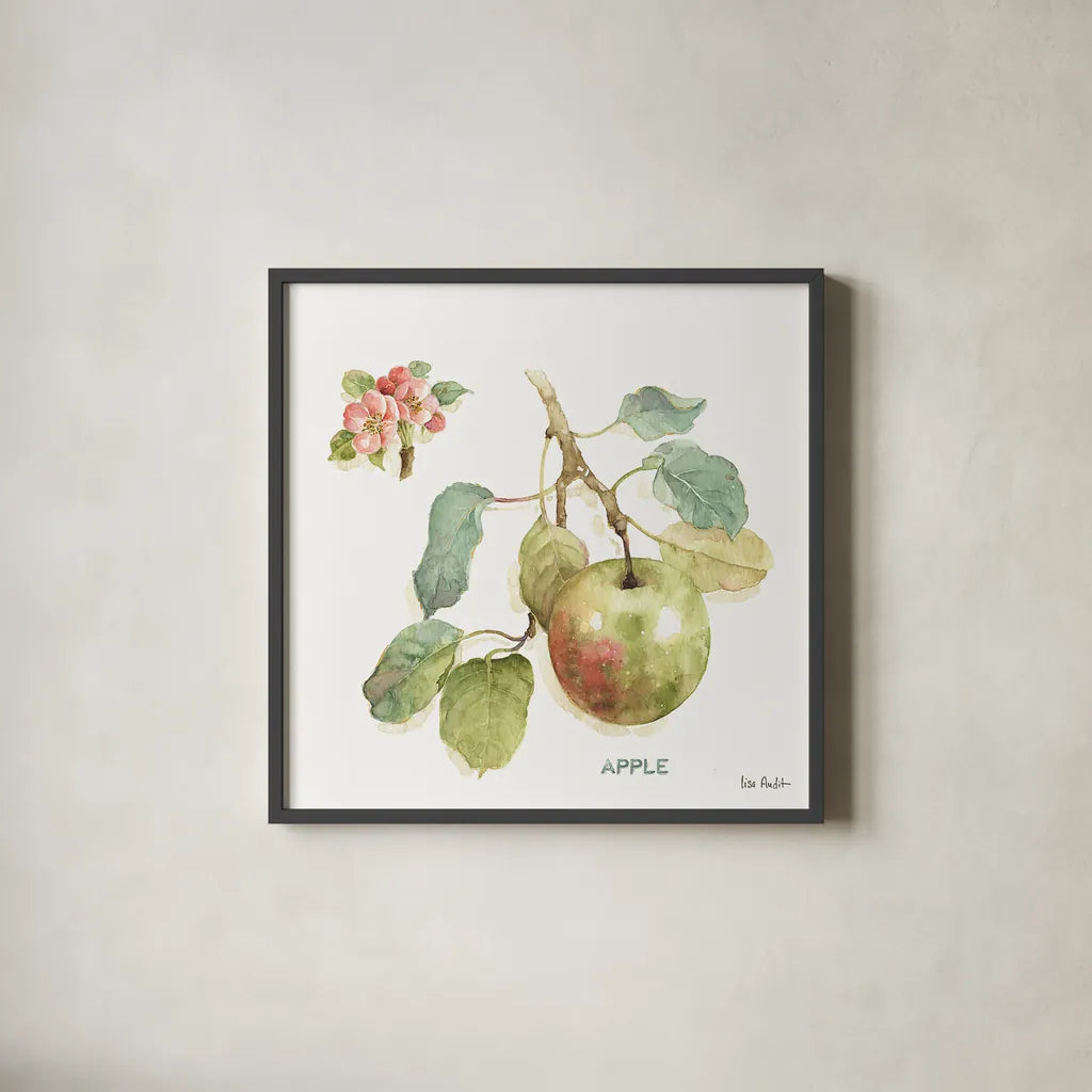Orchard Bloom I by Lisa Audit. Shown in a sleek black glass frame for a contemporary gallery look. Available as an archival giclee rolled canvas, fine art paper, or poster print. SKU 21737a.