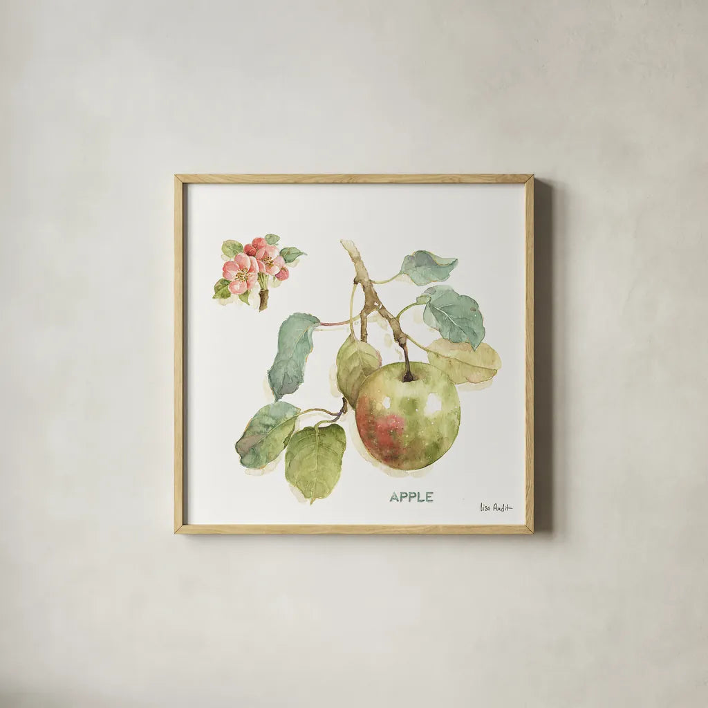 Orchard Bloom I by Lisa Audit. Shown in a natural wood glass frame for a timeless modern aesthetic. Available as an archival giclee rolled canvas, fine art paper, or poster print. SKU 21737a.