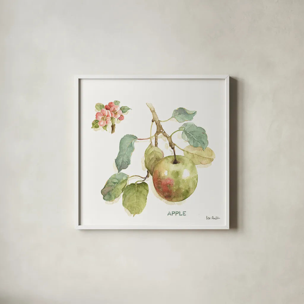 Orchard Bloom I by Lisa Audit. Shown in a crisp white glass frame for a clean and minimalist style. Available as an archival giclee rolled canvas, fine art paper, or poster print. SKU 21737a.