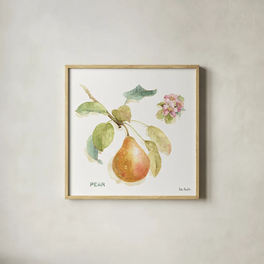 Orchard Bloom II by Lisa Audit. Shown in a natural wood glass frame for a timeless modern aesthetic. Available as an archival giclee rolled canvas, fine art paper, or poster print. SKU 21738a.