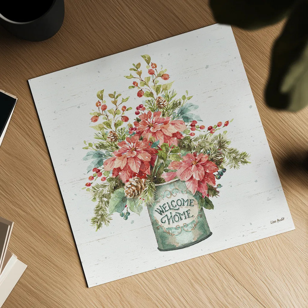 Our Christmas Story Bouquet on Birch by Lisa Audit. Shown as a detailed flat fine art print, highlighting archival giclee quality. Available as an archival giclee rolled canvas, fine art paper, or poster print. SKU 47919a.