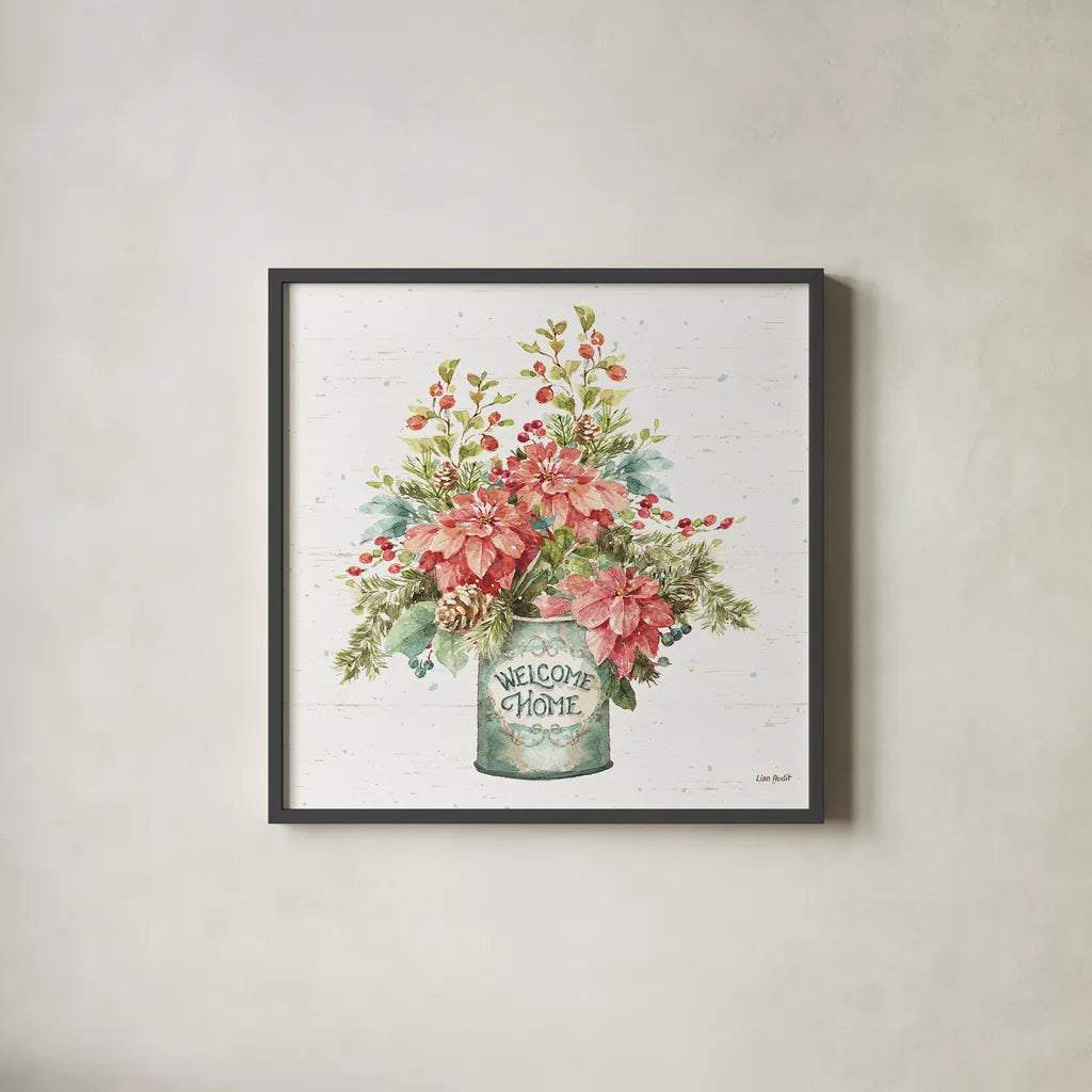Our Christmas Story Bouquet on Birch by Lisa Audit. Shown in a sleek black glass frame for a contemporary gallery look. Available as an archival giclee rolled canvas, fine art paper, or poster print. SKU 47919a.