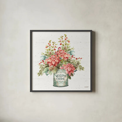 Our Christmas Story Bouquet on Birch by Lisa Audit. Shown in a sleek black glass frame for a contemporary gallery look. Available as an archival giclee rolled canvas, fine art paper, or poster print. SKU 47919a.