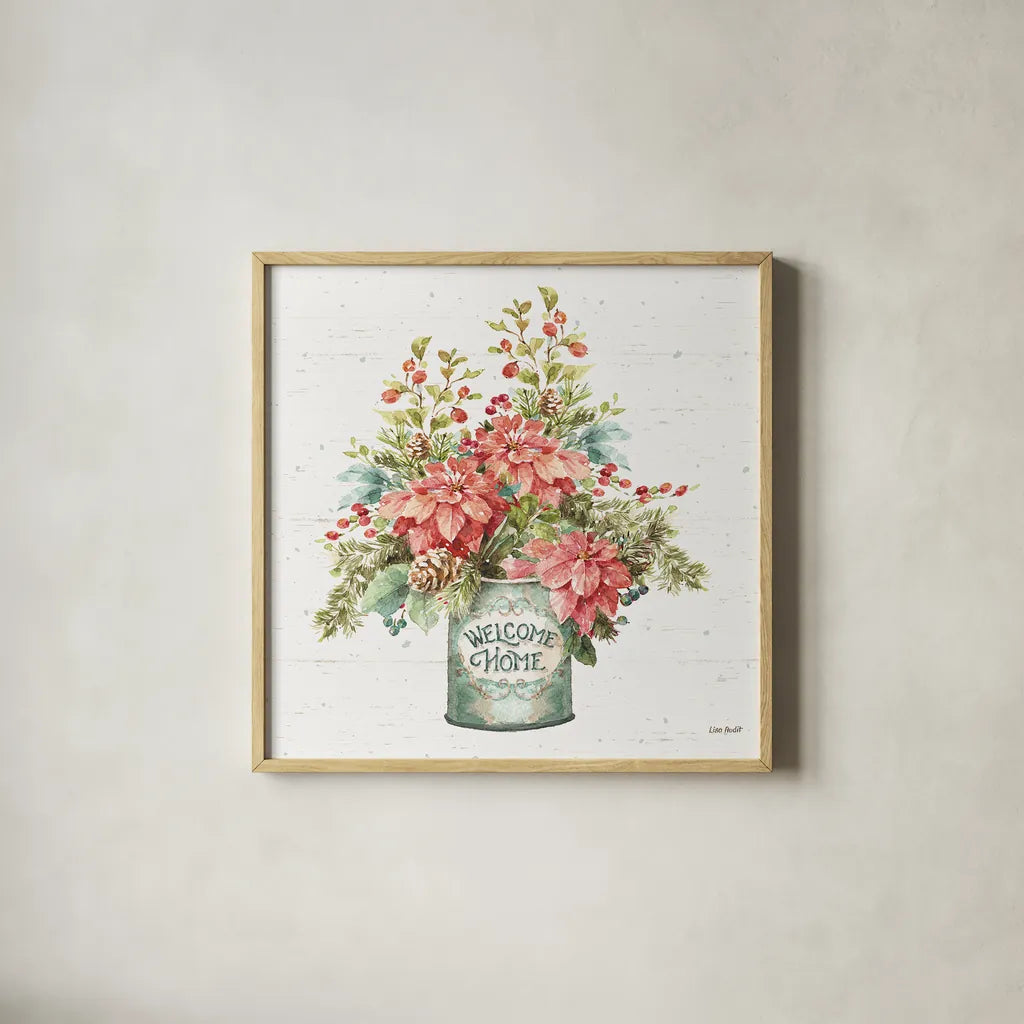 Our Christmas Story Bouquet on Birch by Lisa Audit. Shown in a natural wood glass frame for a timeless modern aesthetic. Available as an archival giclee rolled canvas, fine art paper, or poster print. SKU 47919a.