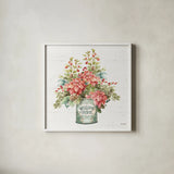 Our Christmas Story Bouquet on Birch by Lisa Audit. Shown in a crisp white glass frame for a clean and minimalist style. Available as an archival giclee rolled canvas, fine art paper, or poster print. SKU 47919a.