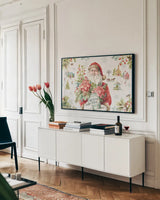 Our Christmas Story I by Lisa Audit. shown as a framed stretched canvas in a living room above a console. Available as a archival giclee rolled canvas, fine art paper, or poster print. SKU 47730i.