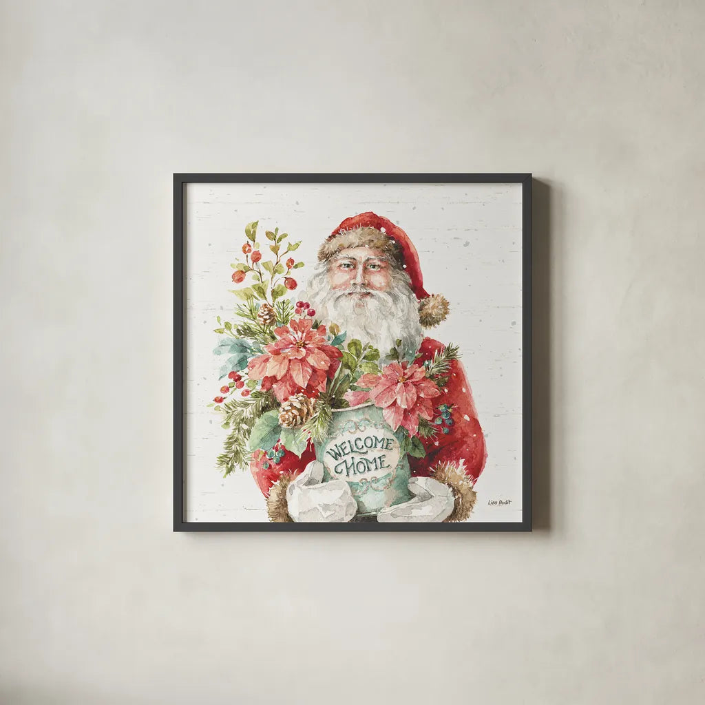 Our Christmas Story II Birch Background by Lisa Audit. Shown in a sleek black glass frame for a contemporary gallery look. Available as an archival giclee rolled canvas, fine art paper, or poster print. SKU 47918a.