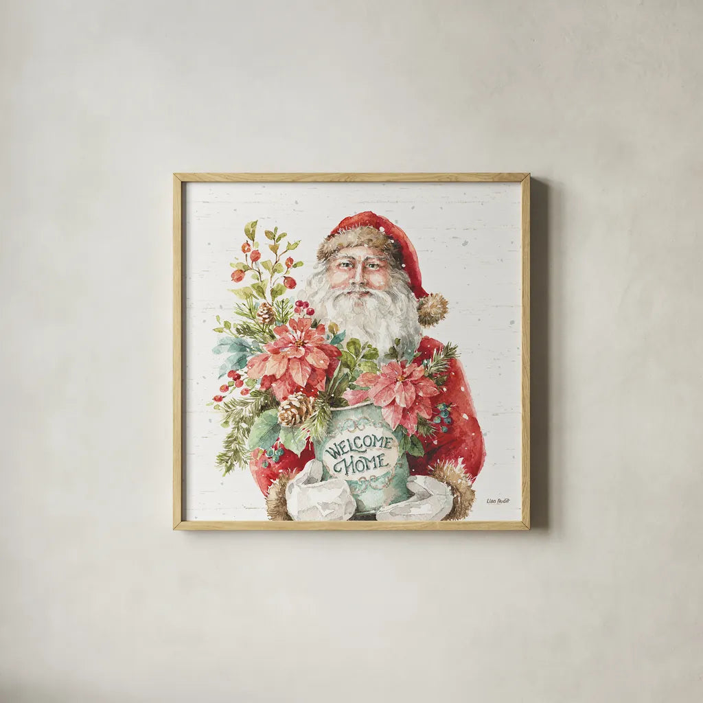 Our Christmas Story II Birch Background by Lisa Audit. Shown in a natural wood glass frame for a timeless modern aesthetic. Available as an archival giclee rolled canvas, fine art paper, or poster print. SKU 47918a.